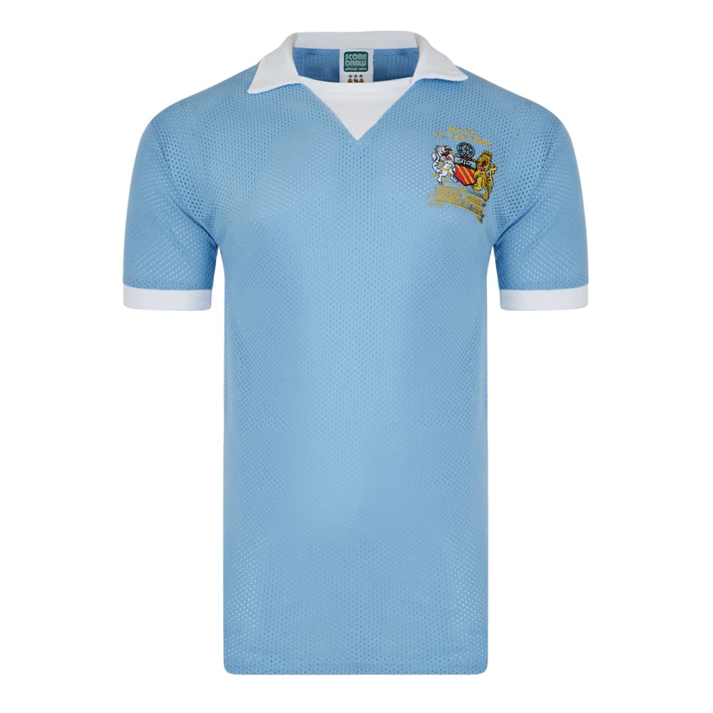 Manchester City home football shirt for the 1976 season, made by Score Draw