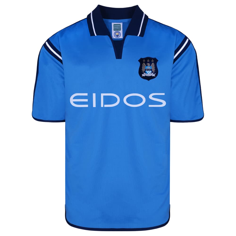 Manchester City home football shirt for the 2001 season, made by Score Draw