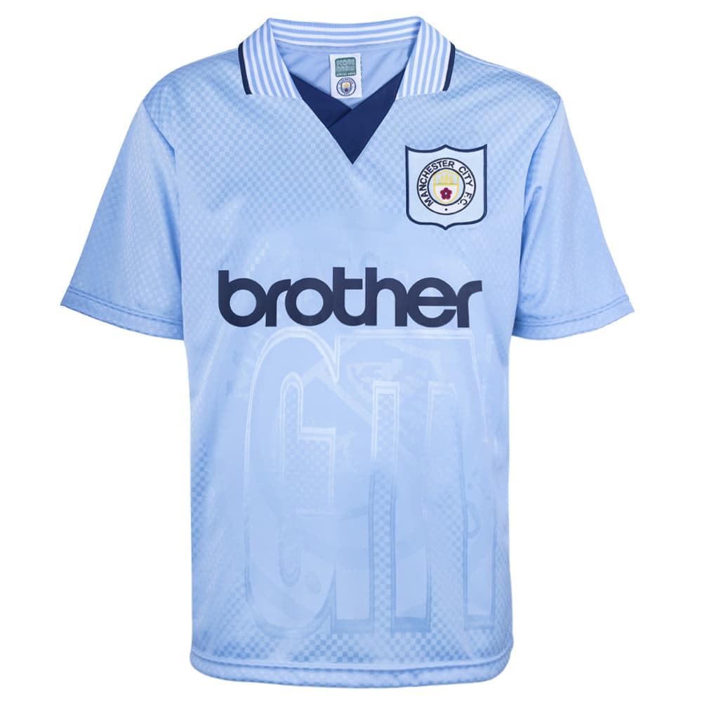 Manchester City home football shirt for the 1996 season, made by Score Draw